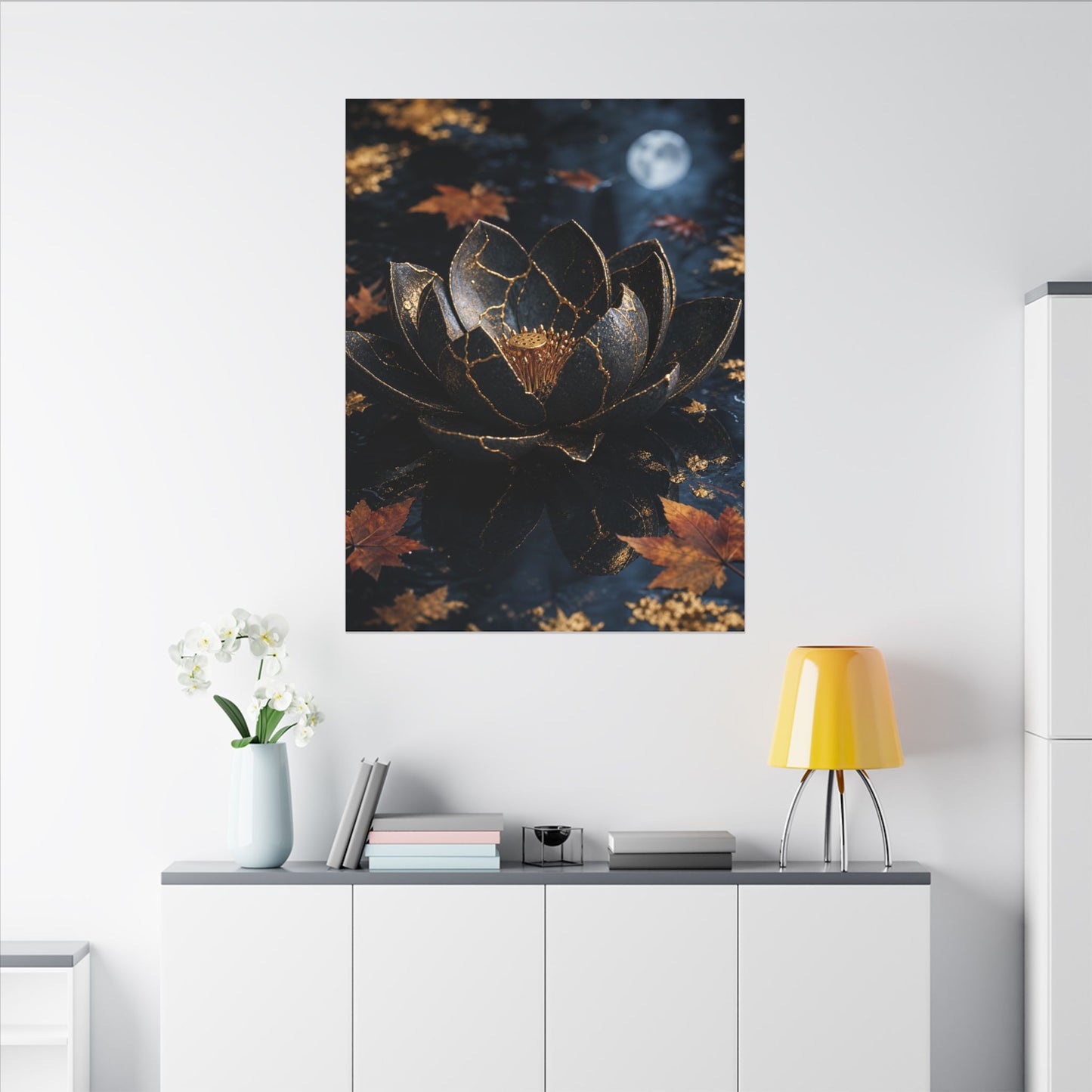 Moonlight Lotus Flower Canvas Art - Kintsugi Fukinsei