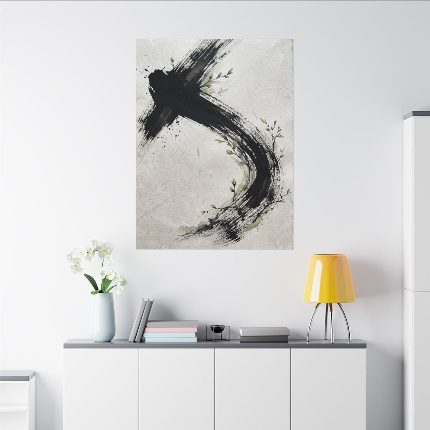 Ink Brushstroke Spring Canvas Art | Dark Japandi Sophisticated Design
