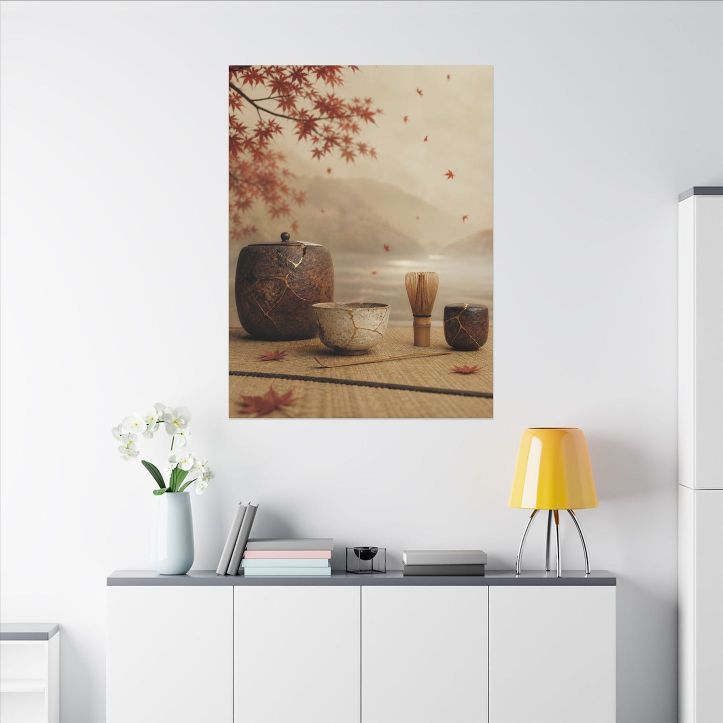 Tea Ceremony Canvas Art | Autumn Kintsugi Gold Vein Art