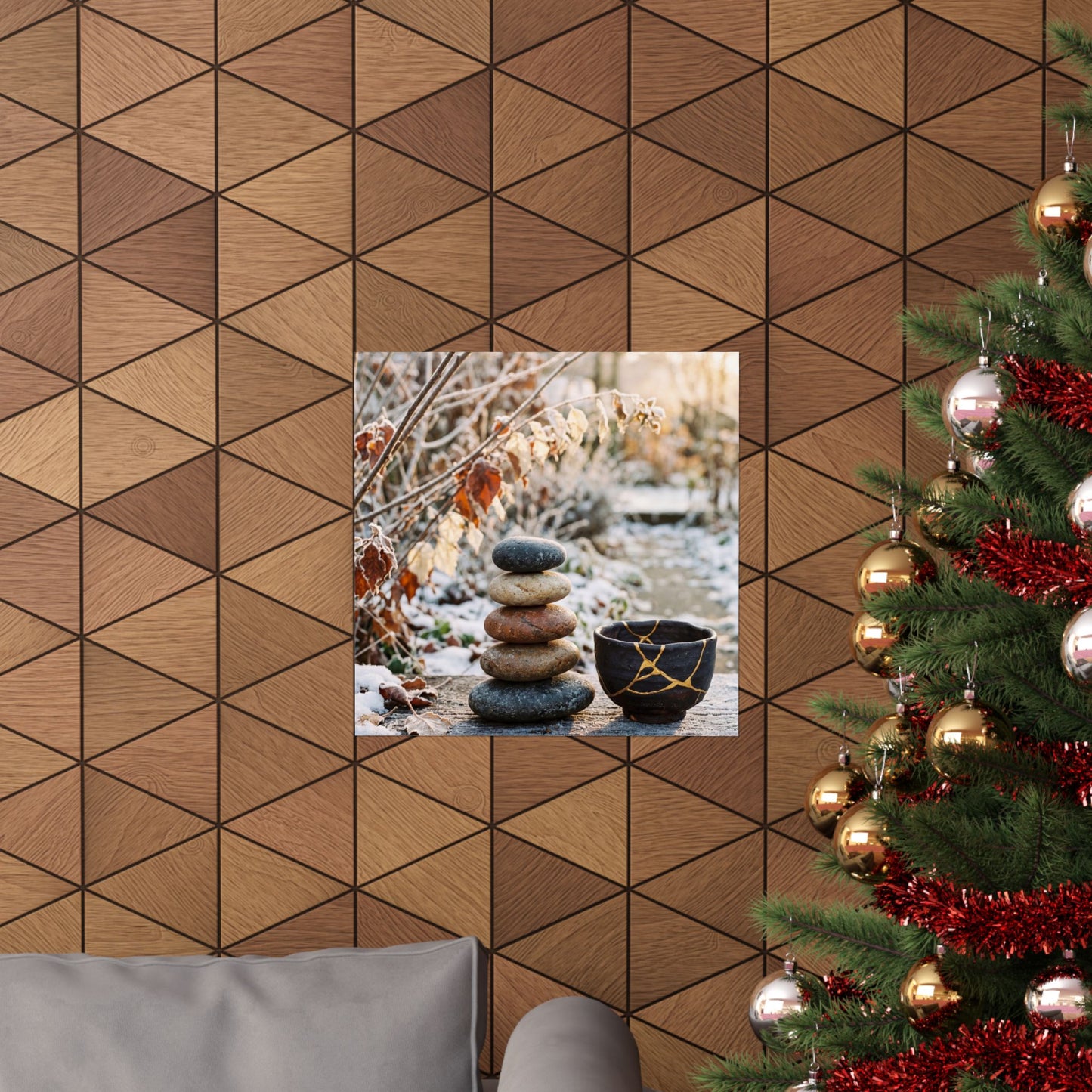Winter River Stones Gold Repair Wall Art Print | Healing Decor