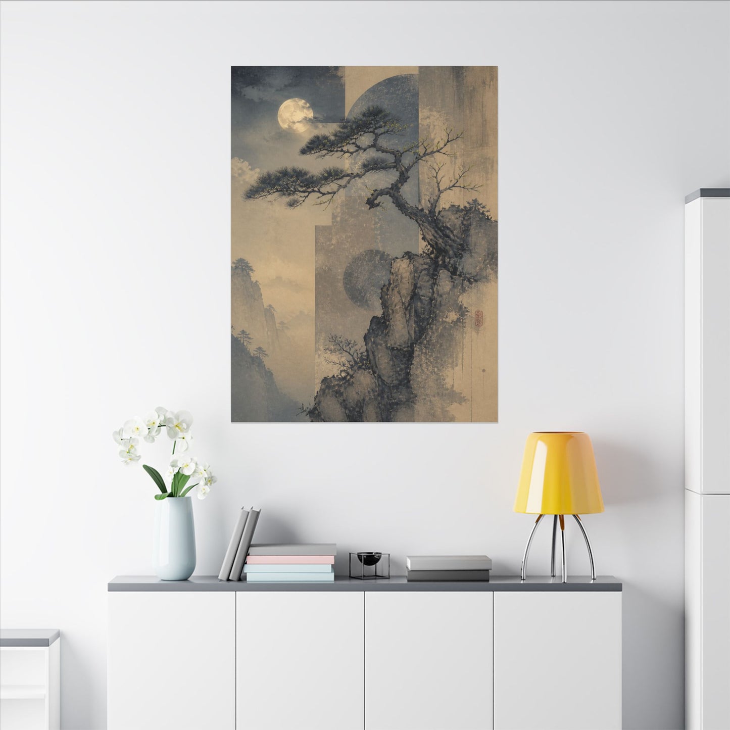 Japandi Pine Tree in Moonlight | Japanese Pattern Canvas Art