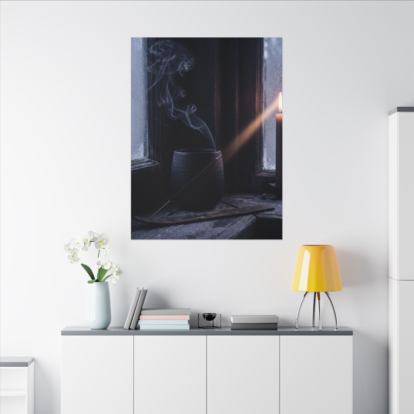 Incense Smoke Winter Canvas Art | Dark Japandi Sophisticated Design