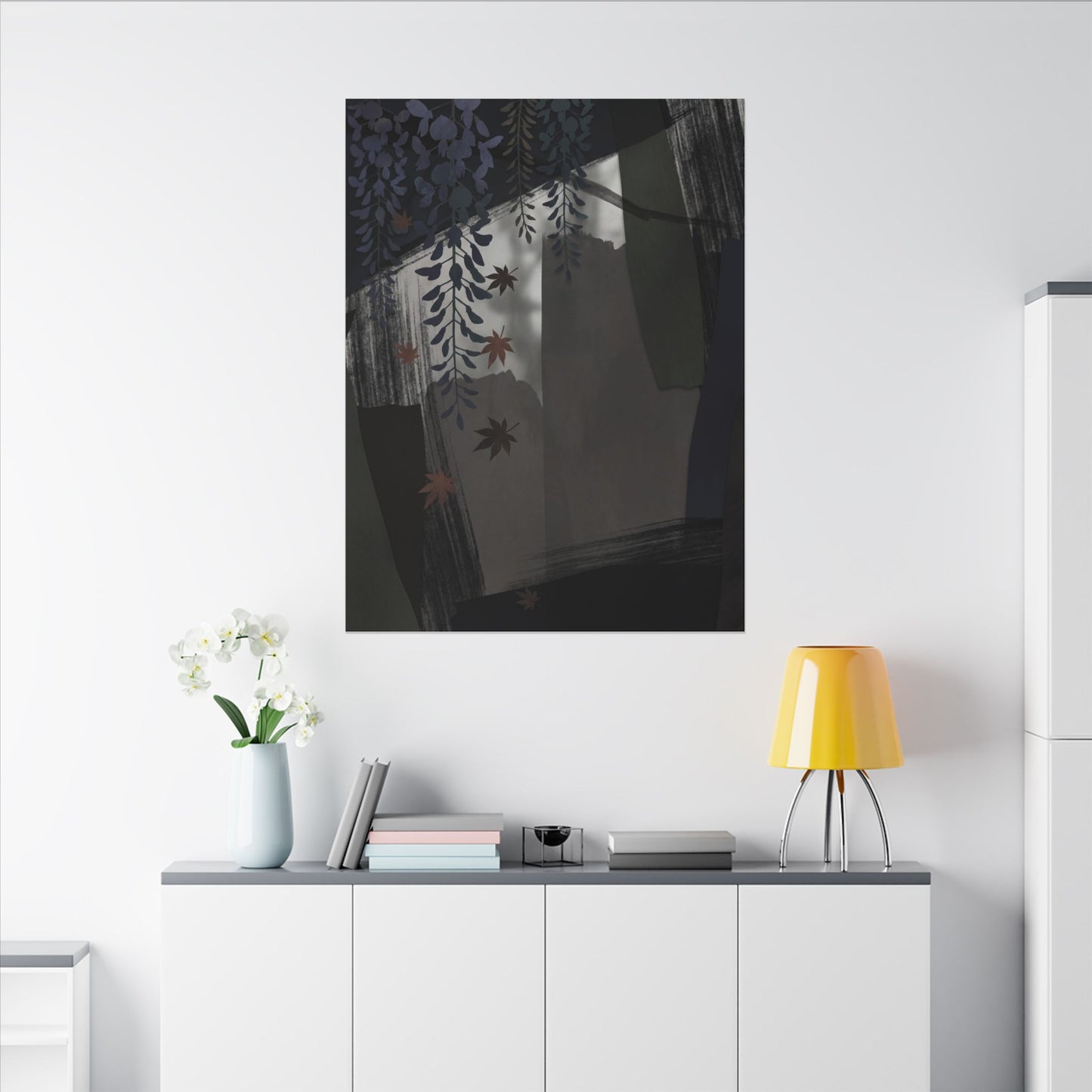 Wisteria Autumn Canvas Art | Dark Japandi Moody Design