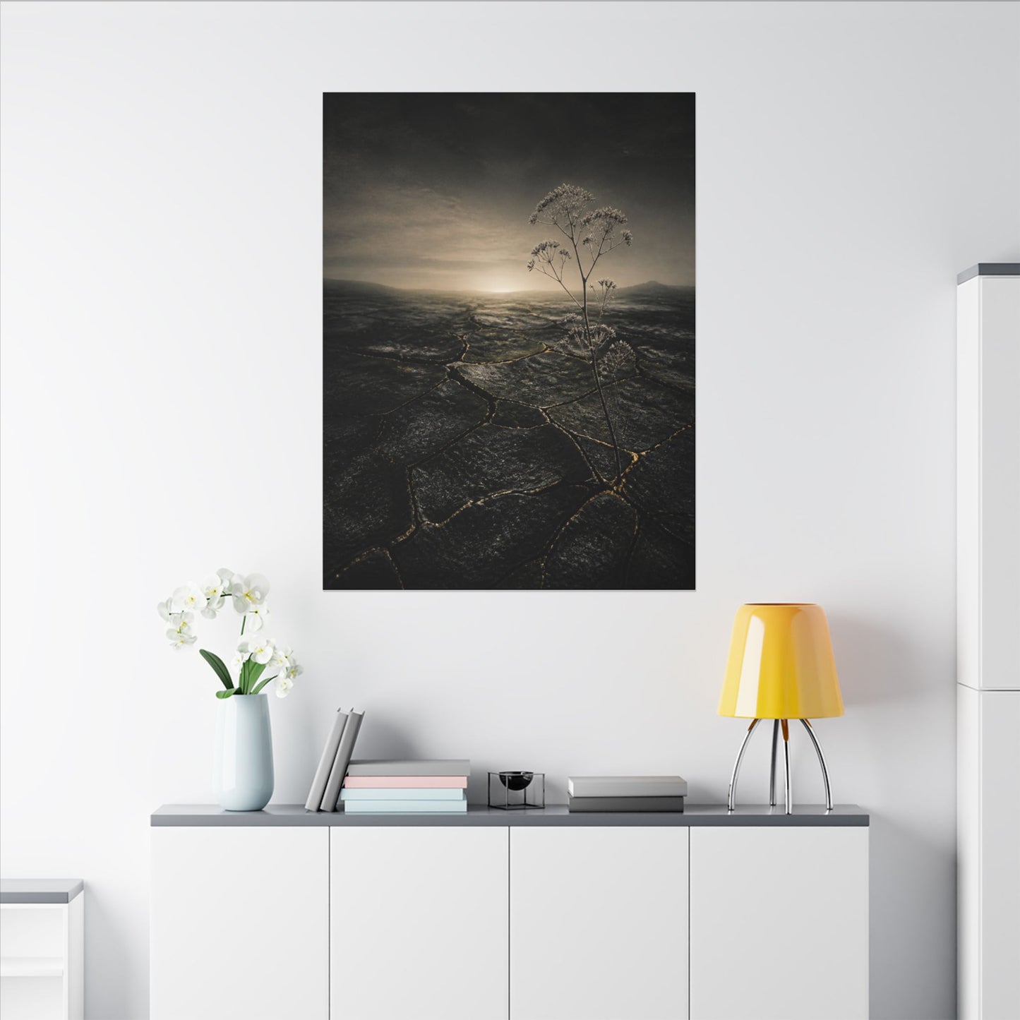 Dawn Cracked Earth Canvas Art - Dark Japandi Mono No Aware