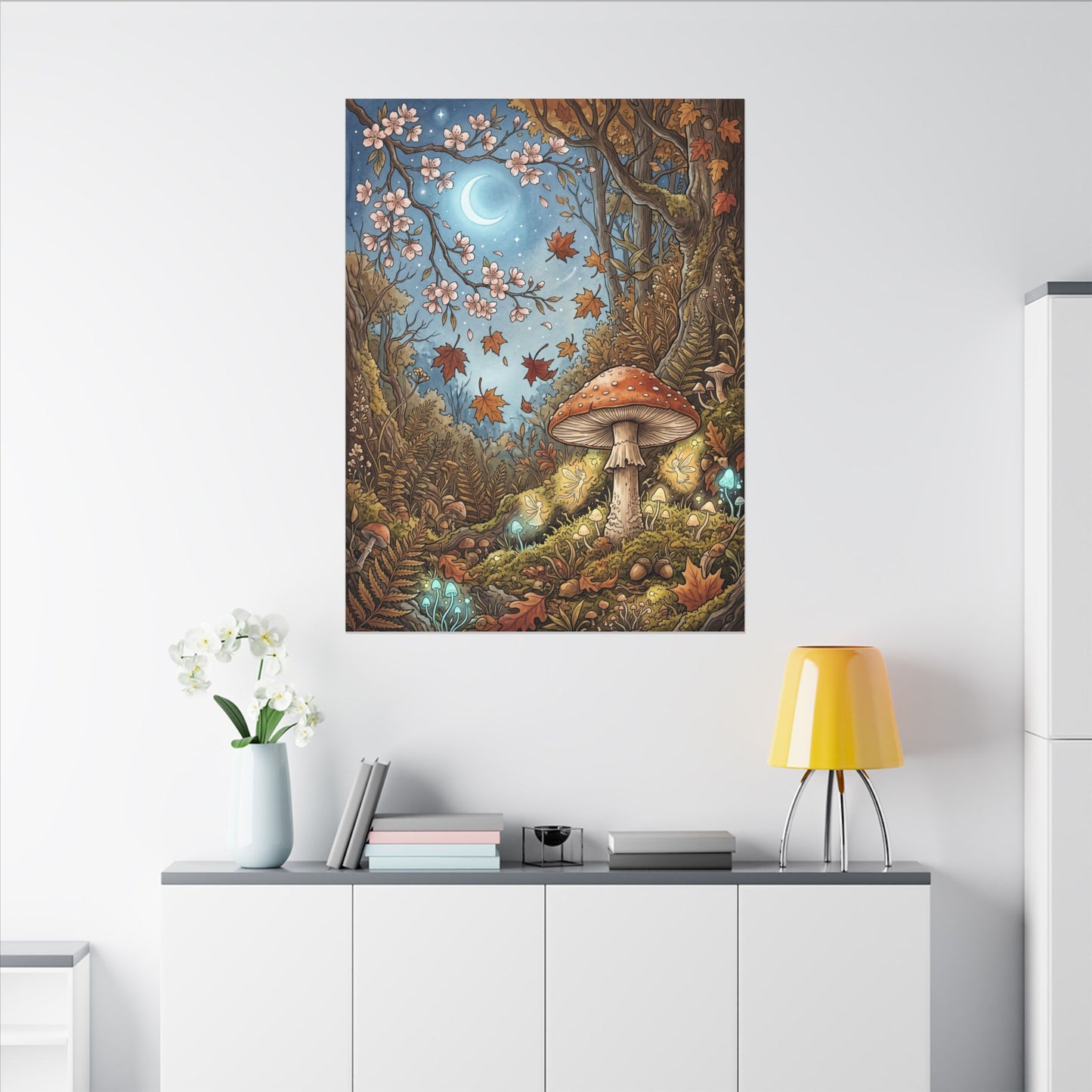 Autumn Cherry Blossom Mushroom Illustration Canvas Art | Enchanting Decor