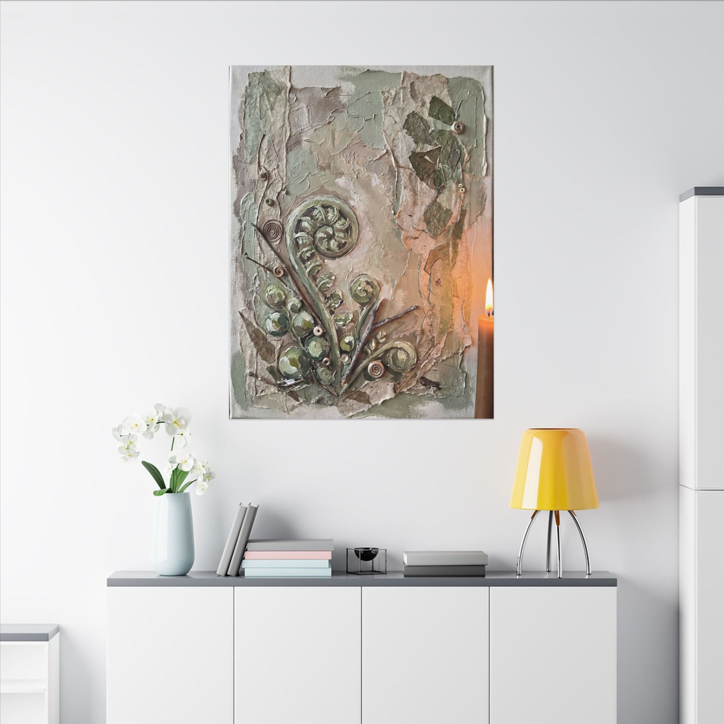 Japandi Fern Unfurling in Candlelight | Texture Canvas Art