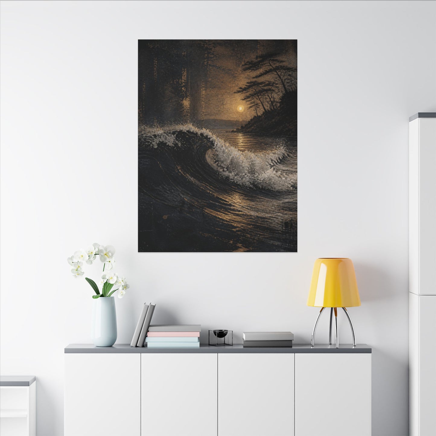 Ocean Wave Dark Texture Canvas Art | Bold Dark Japandi Art