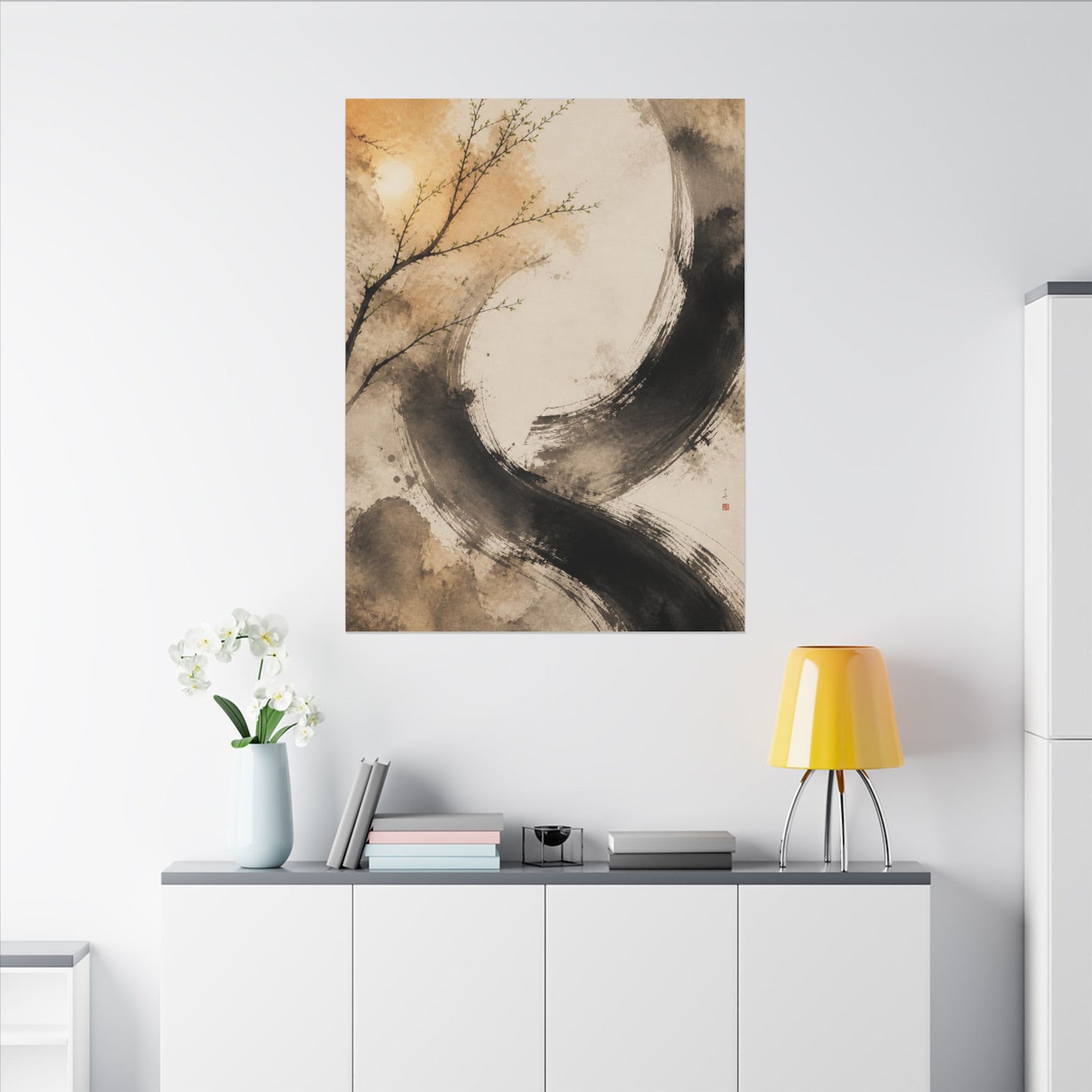 Japandi Ink Brushstroke in Golden Hour | Watercolor Canvas Art