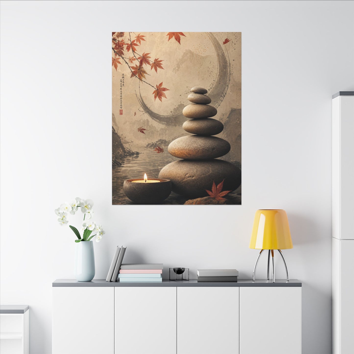 Japandi River Stones in Candlelight | Japanese Pattern Canvas Art