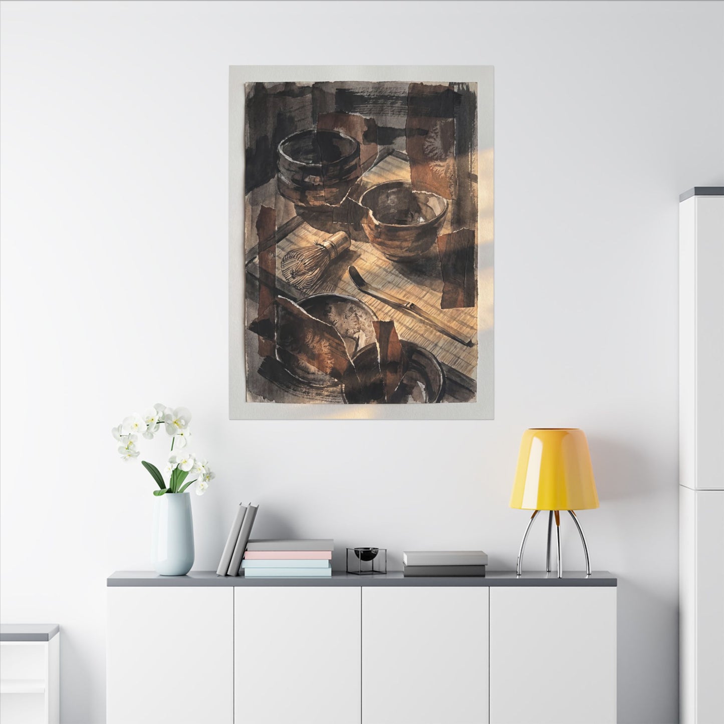 Tea Ceremony Charcoal Ink Canvas Art | Luxurious Dark Japandi Art