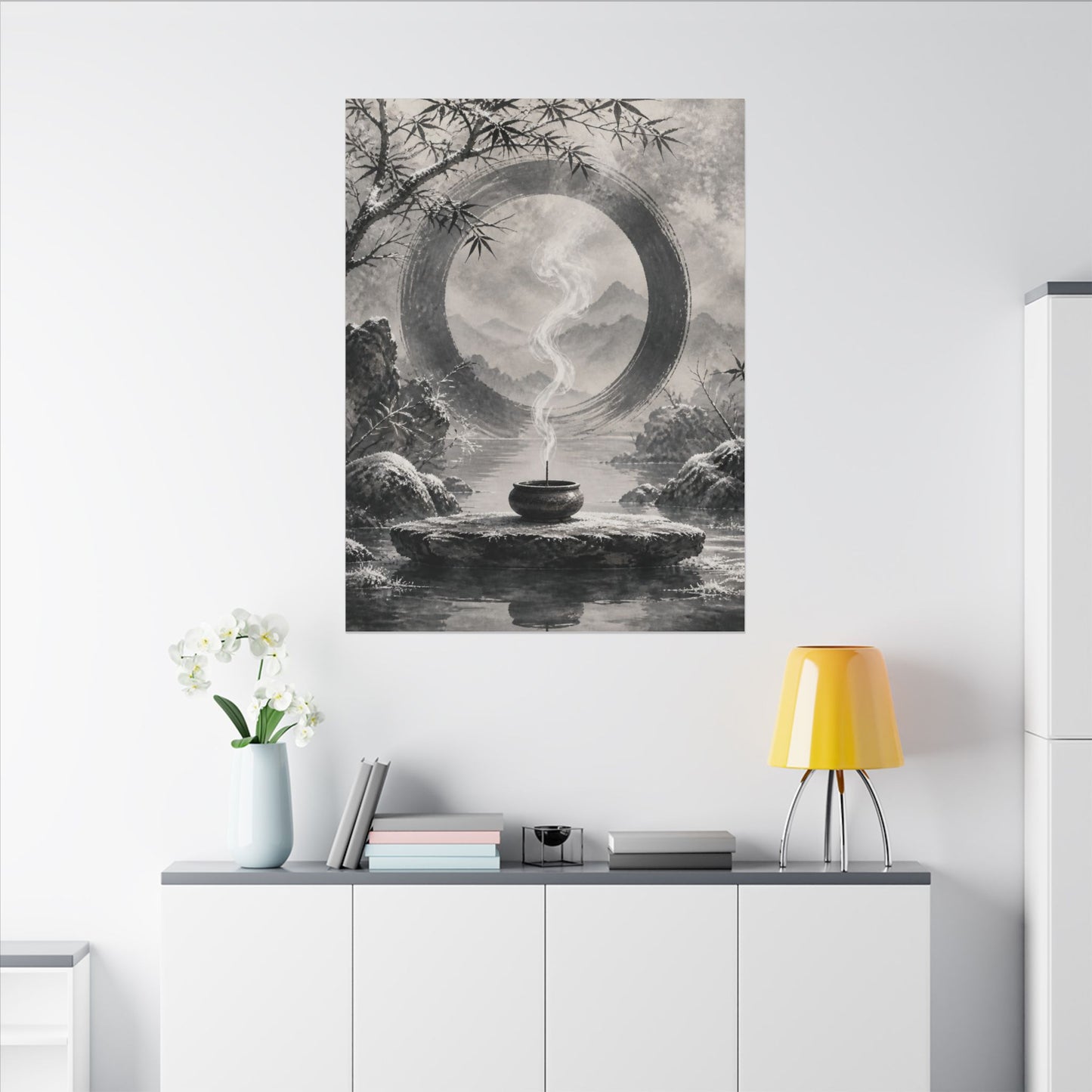 Incense Smoke Canvas Art | Winter Zen Sumi E Art