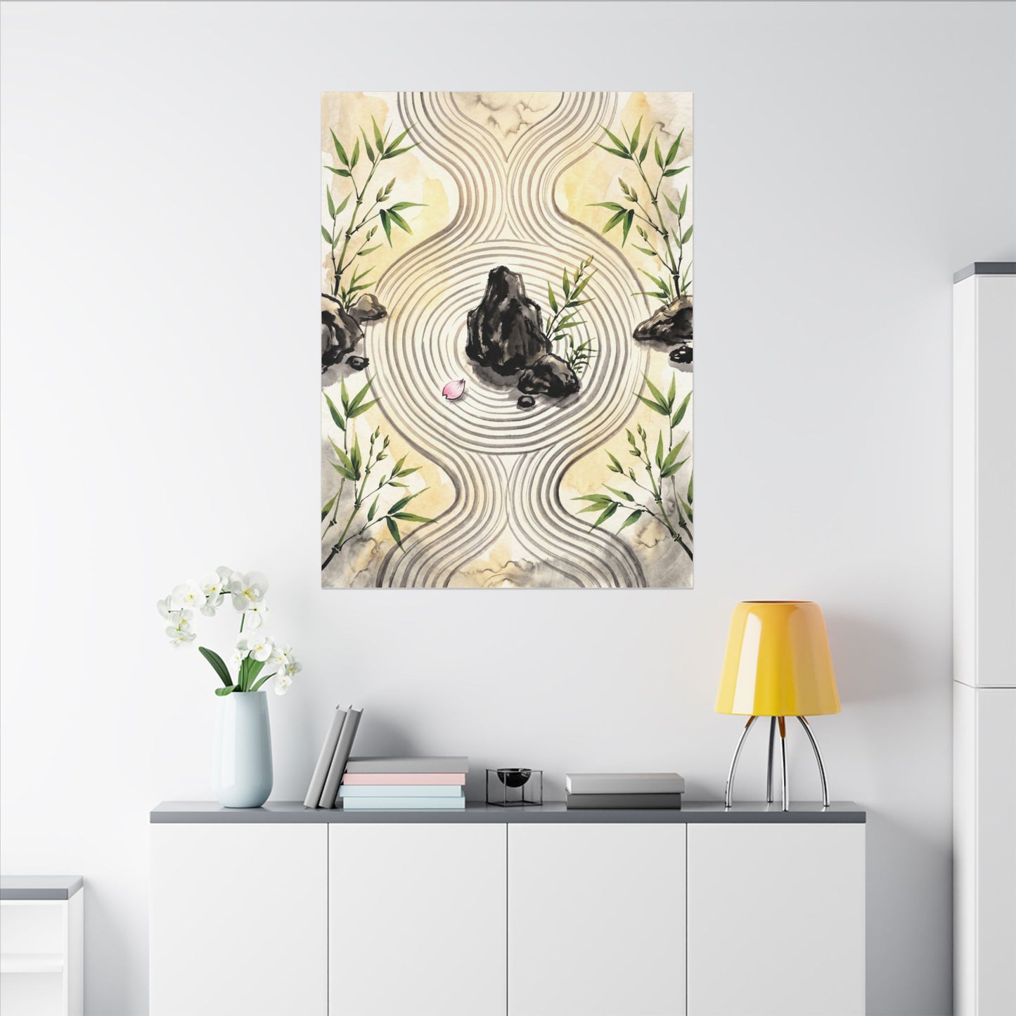 Zen Rock Garden in Golden Hour | Sumi E Canvas Art