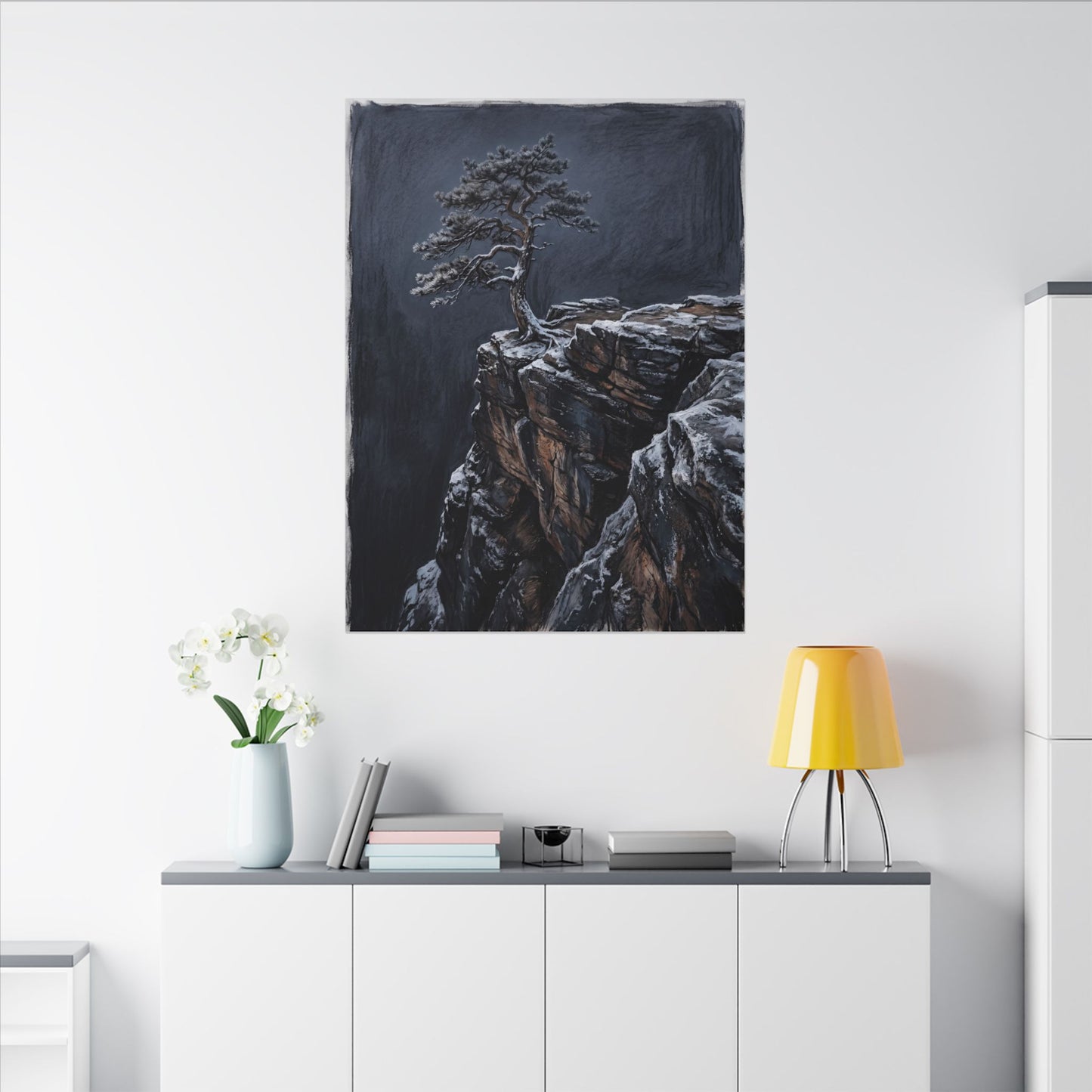 Dark Japandi Pine Tree in Dawn | Dark Texture Canvas Art
