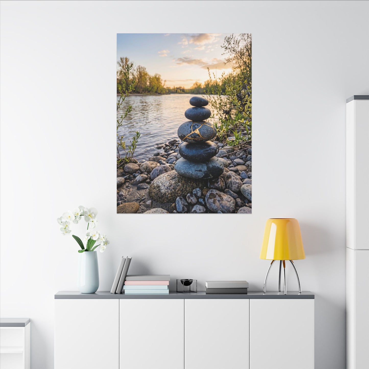 Kintsugi River Stones in Golden Hour | Gold Vein Canvas Art