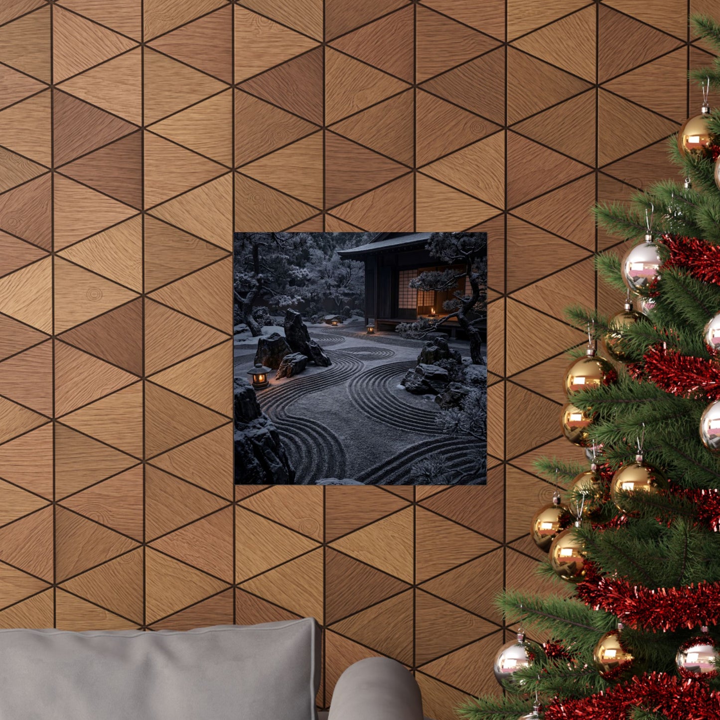 Dark Japandi Rock Garden in Candlelight | Shadow Zen Wall Art Print