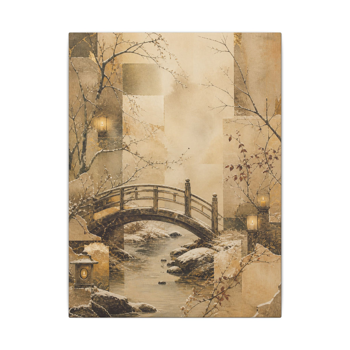 Winter Wooden Bridge Japanese Pattern Canvas Art | Warm Decor