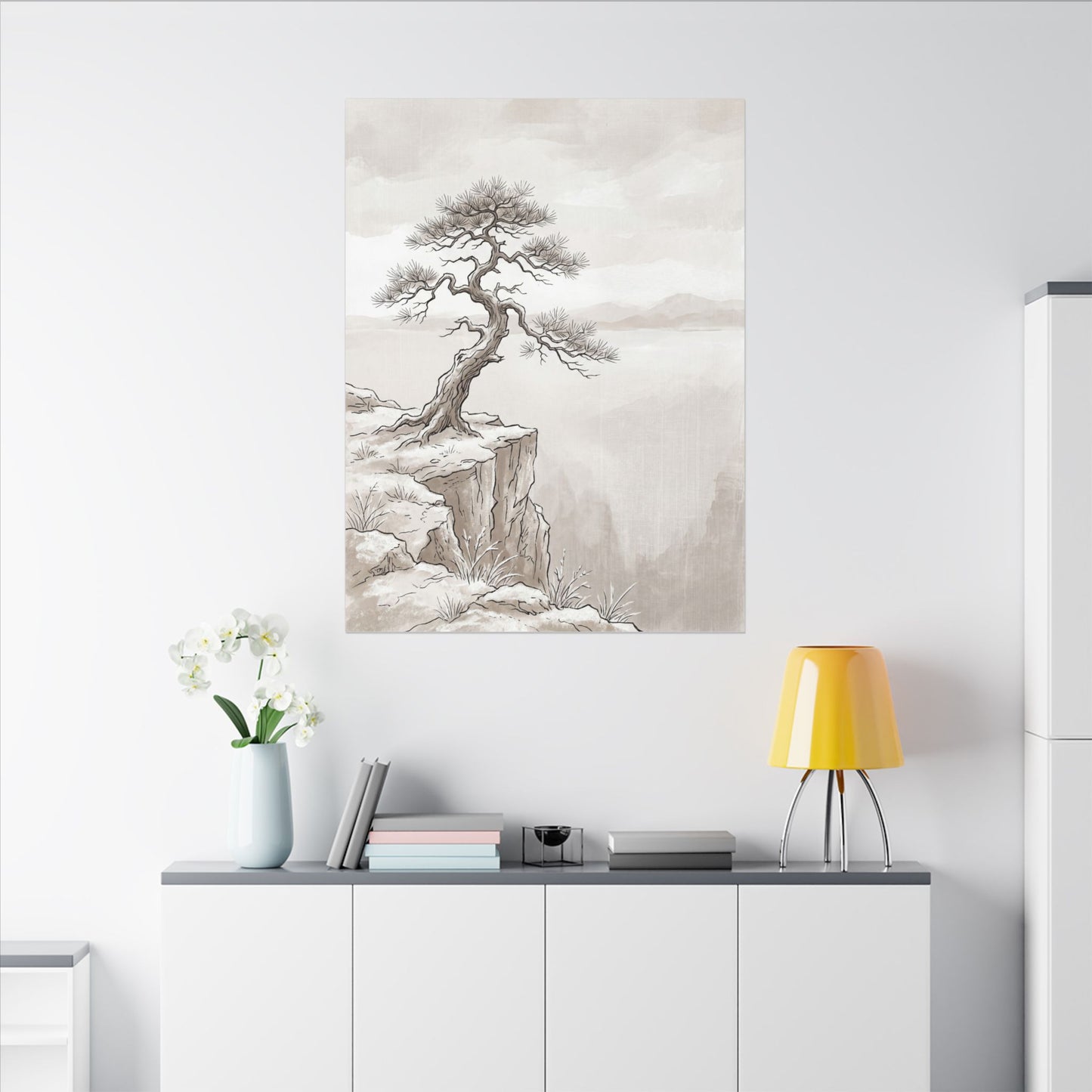 Neutral Pine Tree Canvas Art - Minimal Line Japandi