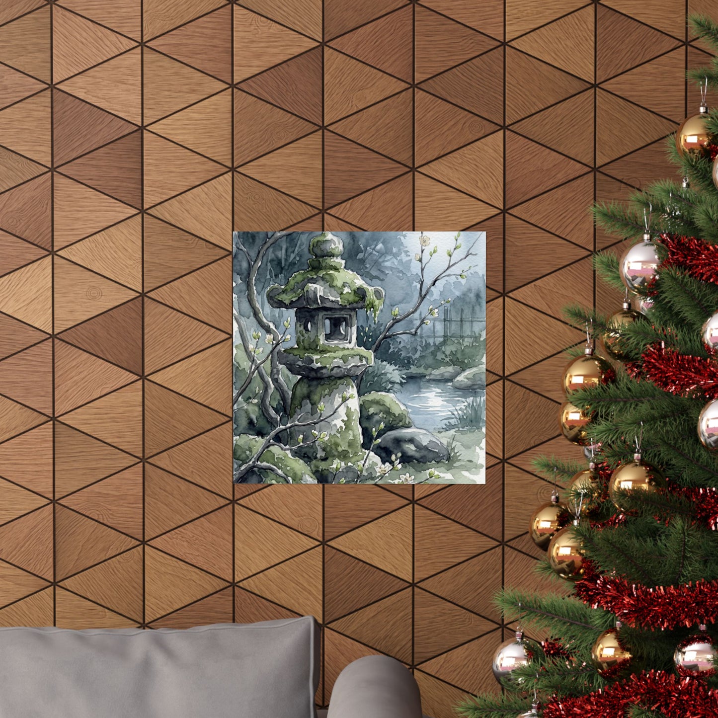 Japandi Stone Lantern in Moonlight | Watercolor Wall Art Print