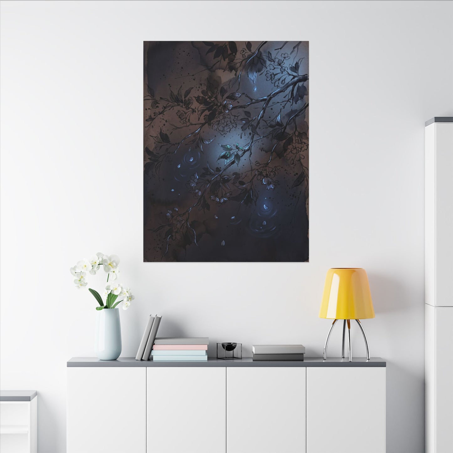 Bold Cherry Blossom Canvas Art - Charcoal Ink Dark Japandi