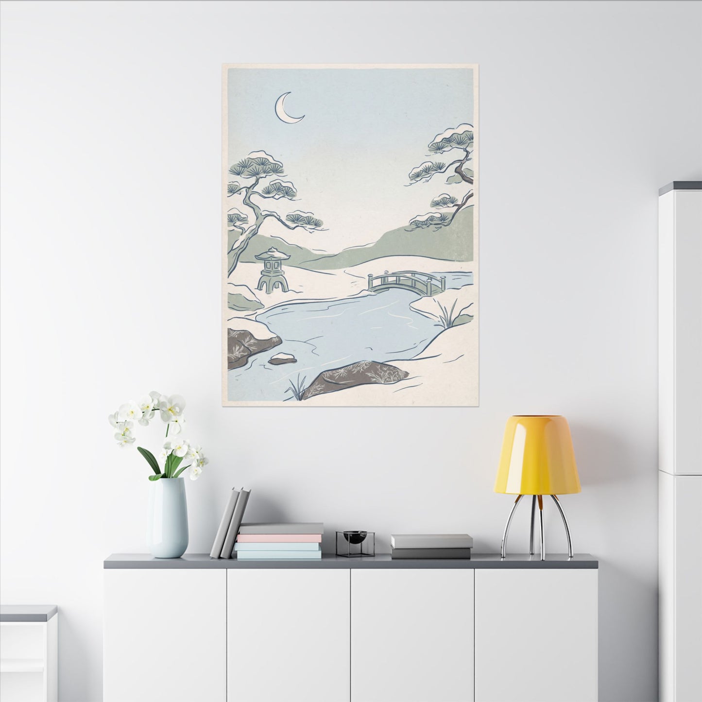 Japandi Moonlit Garden in Moonlight | Minimal Line Canvas Art