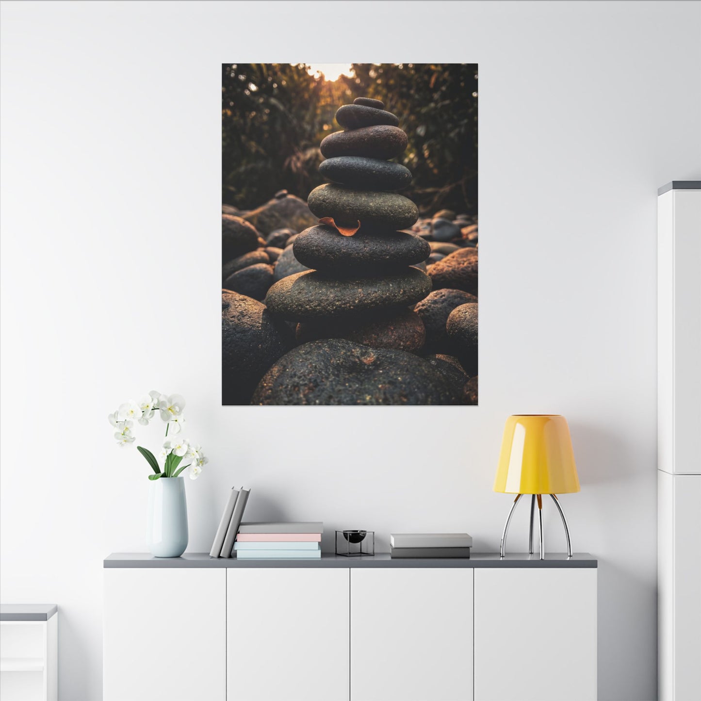 Dark Japandi River Stones in Golden Hour | Moody Minimal Canvas Art