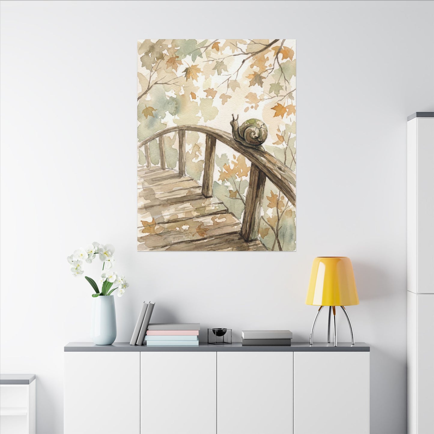 Wooden Bridge Canvas Art | Autumn Japandi Watercolor Art