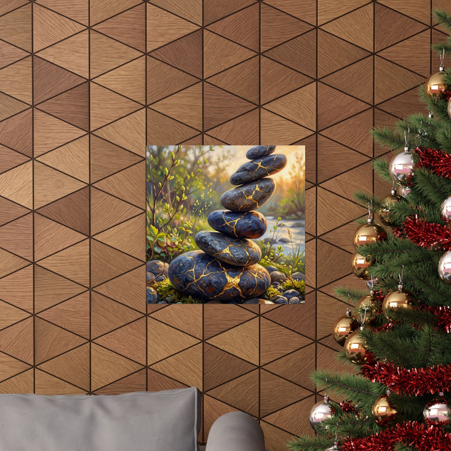 River Stones Wall Art Print | Spring Kintsugi Gold Repair Art