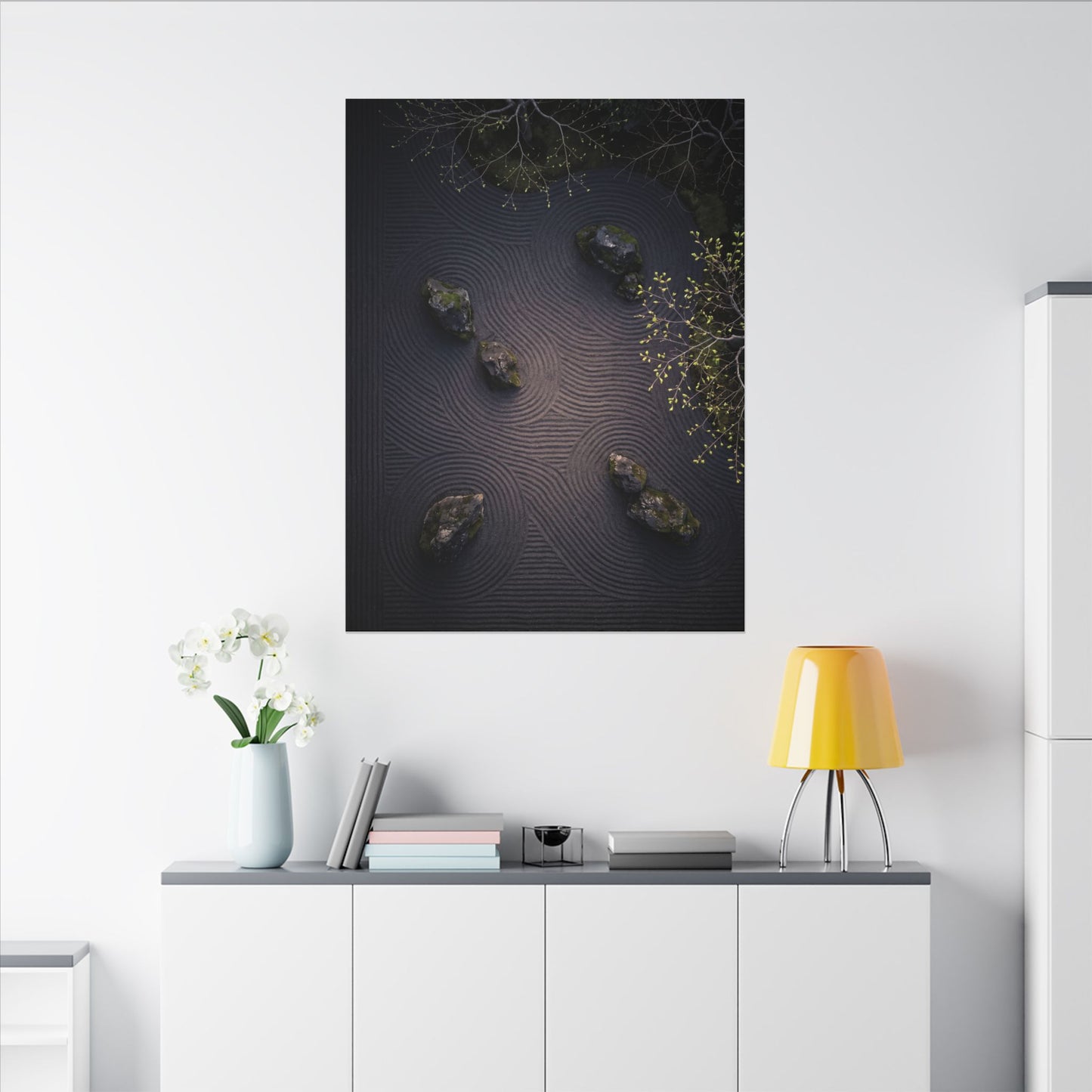 Dark Japandi Rock Garden in Dawn | Shadow Zen Canvas Art