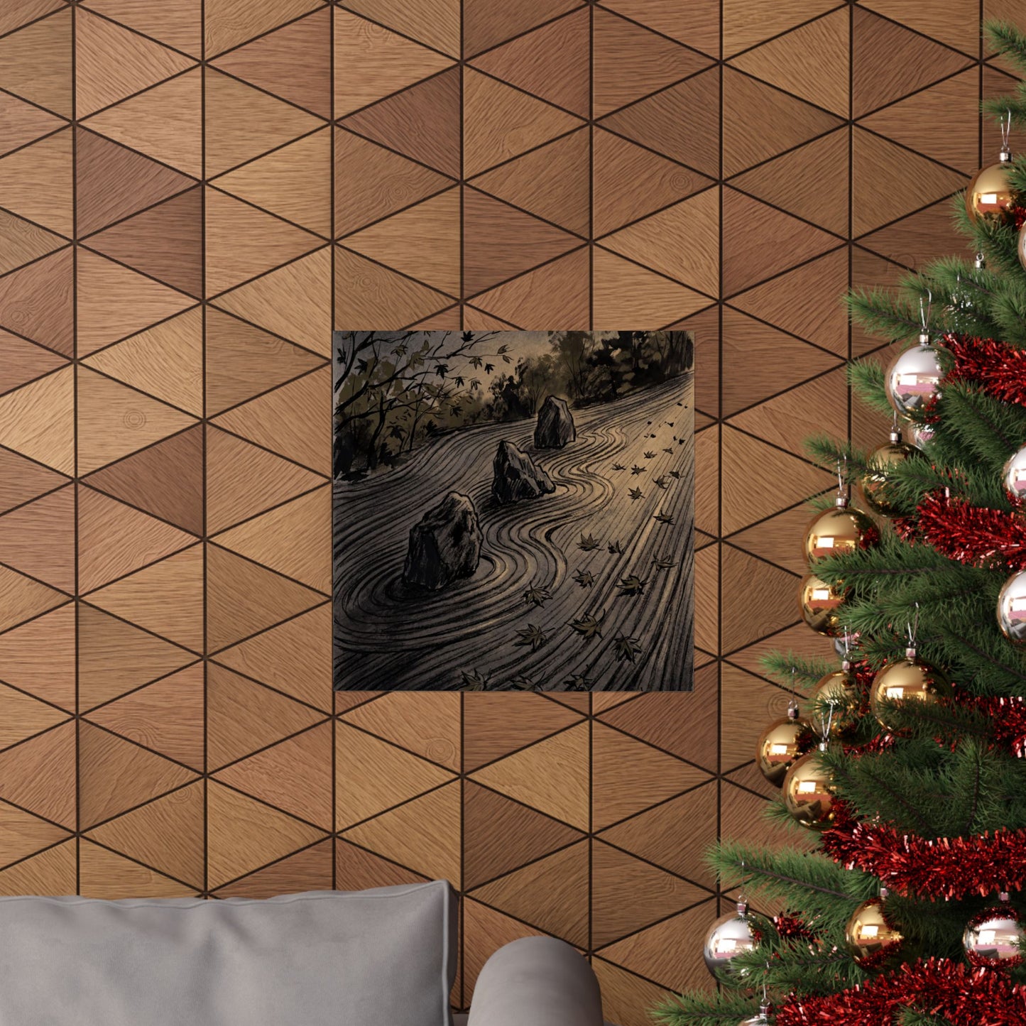 Rock Garden Autumn Wall Art Print | Dark Japandi Sophisticated Design