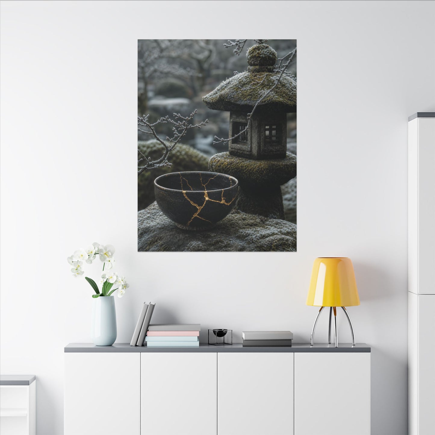 Stone Lantern Canvas Art | Winter Kintsugi Gold Repair Art