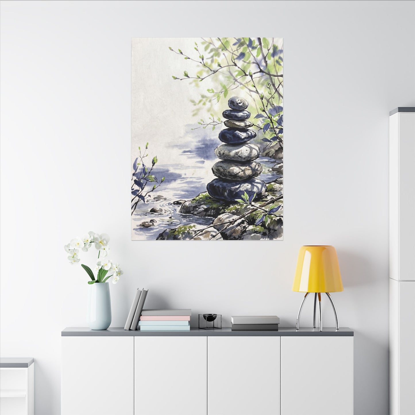 River Stones Sumi E Canvas Art | Serene Zen Art
