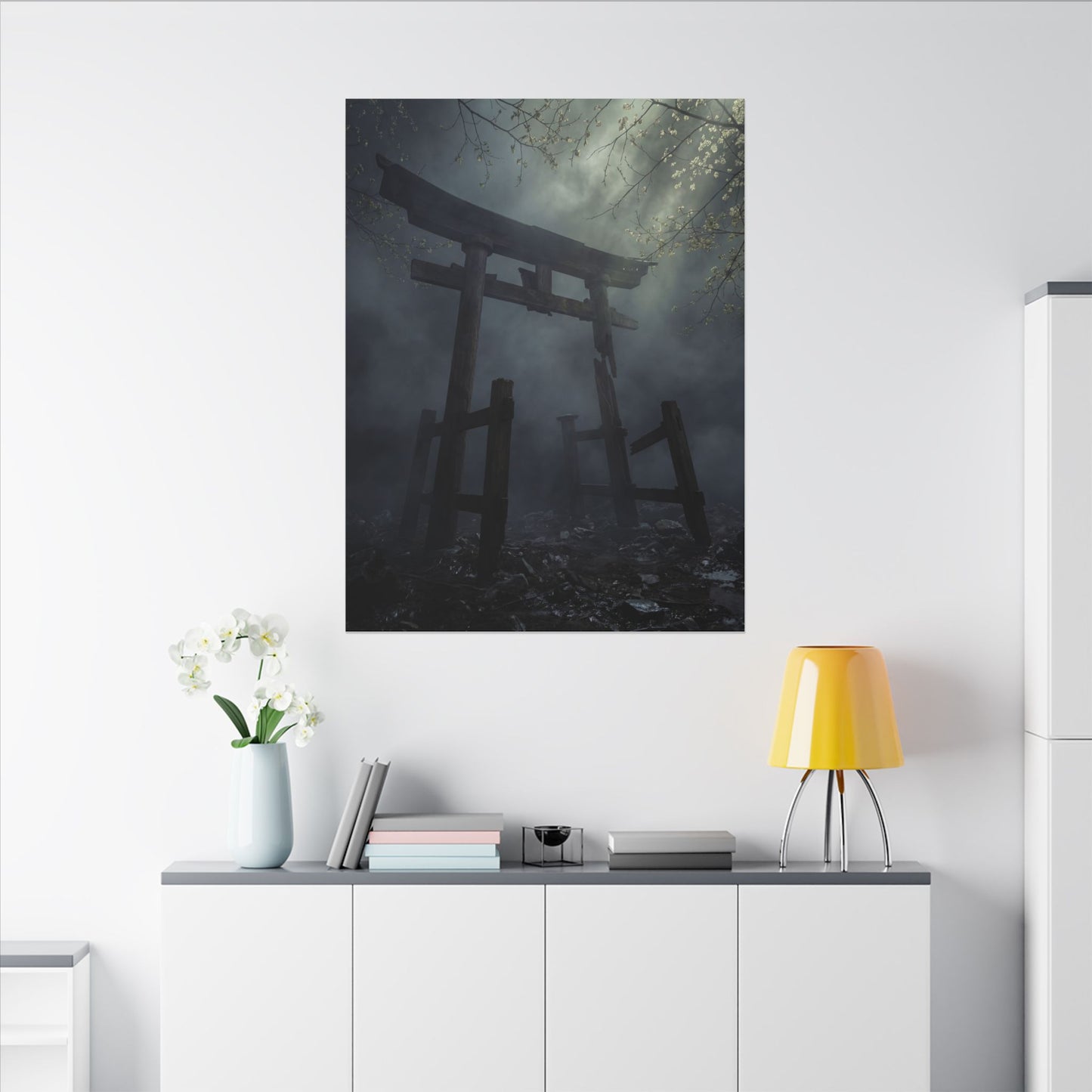 Dark Japandi Torii Gate in Dappled | Moody Minimal Canvas Art