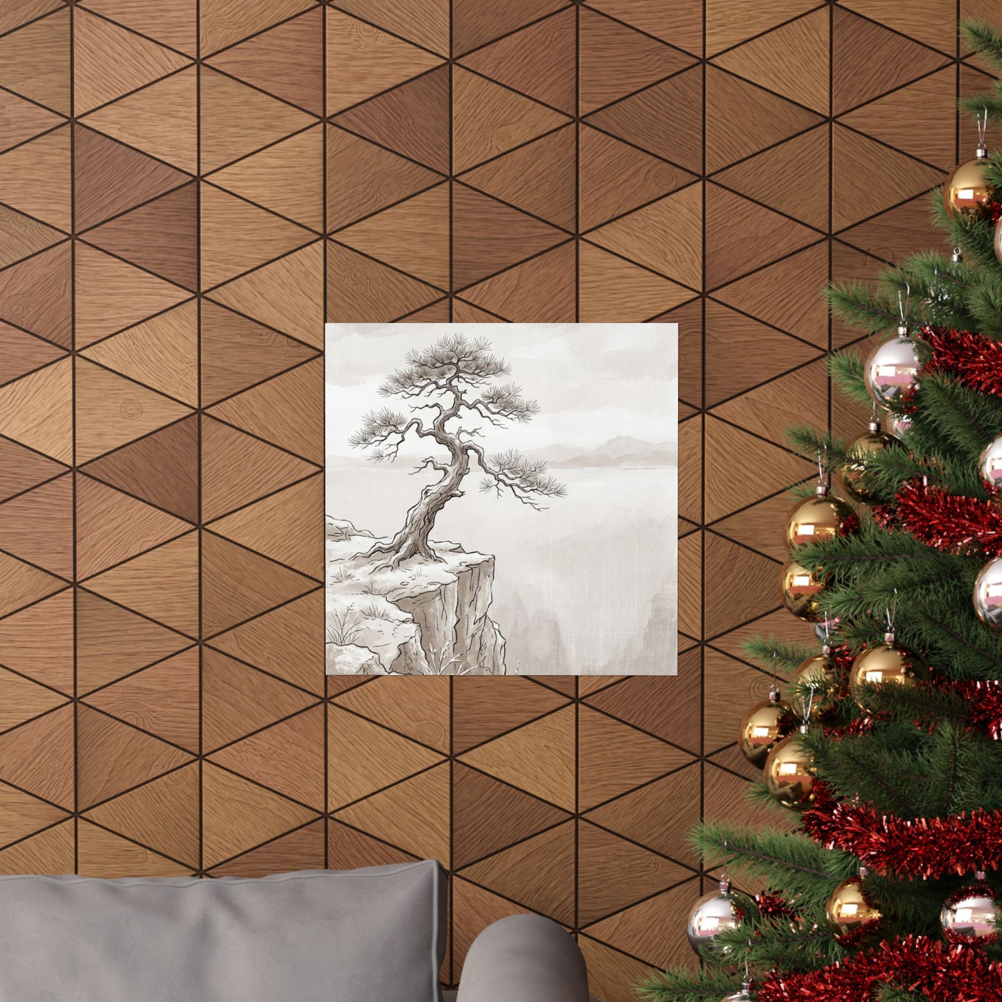 Japandi Pine Tree in Overcast | Minimal Line Wall Art Print