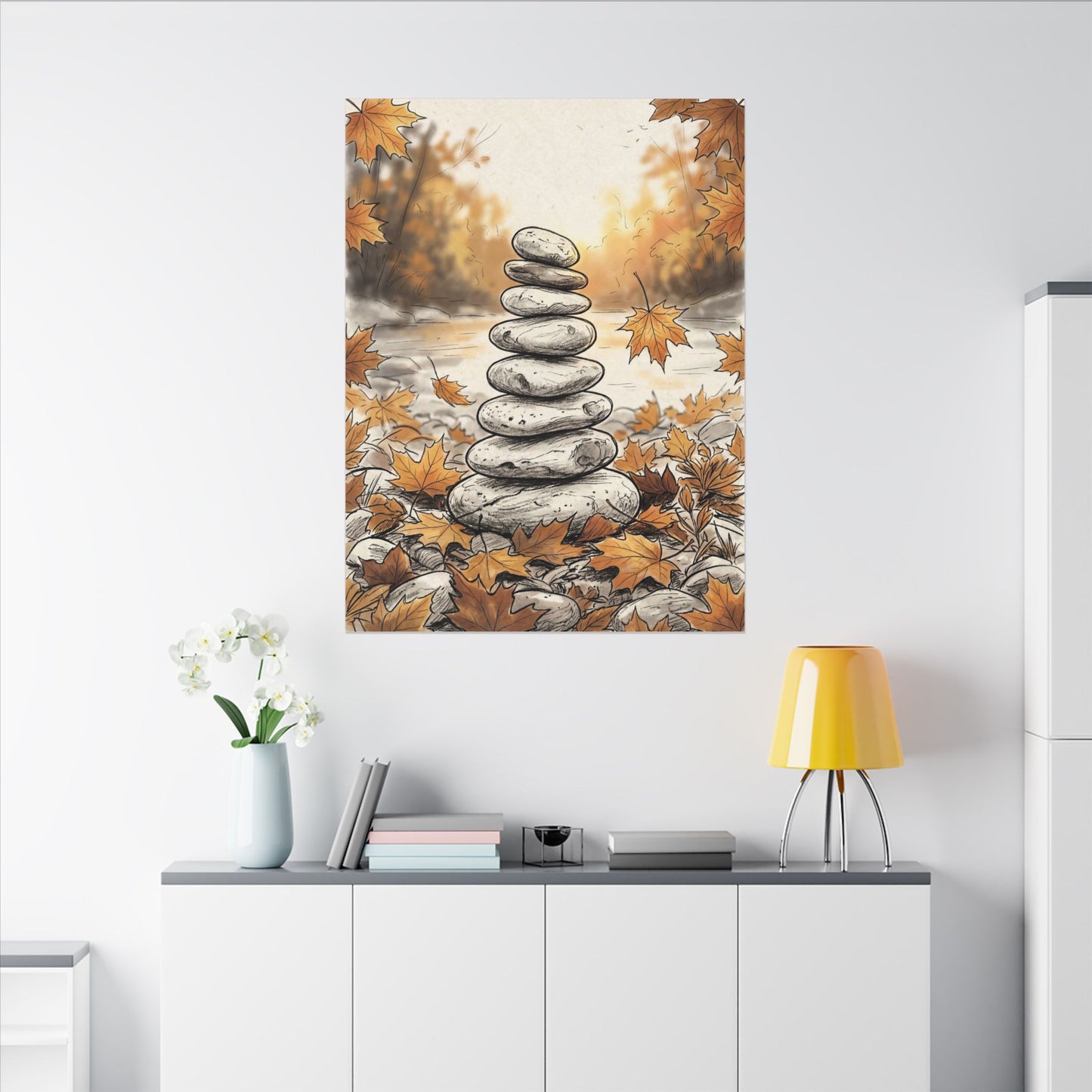 Earthy River Stones Canvas Art - Minimal Line Japandi
