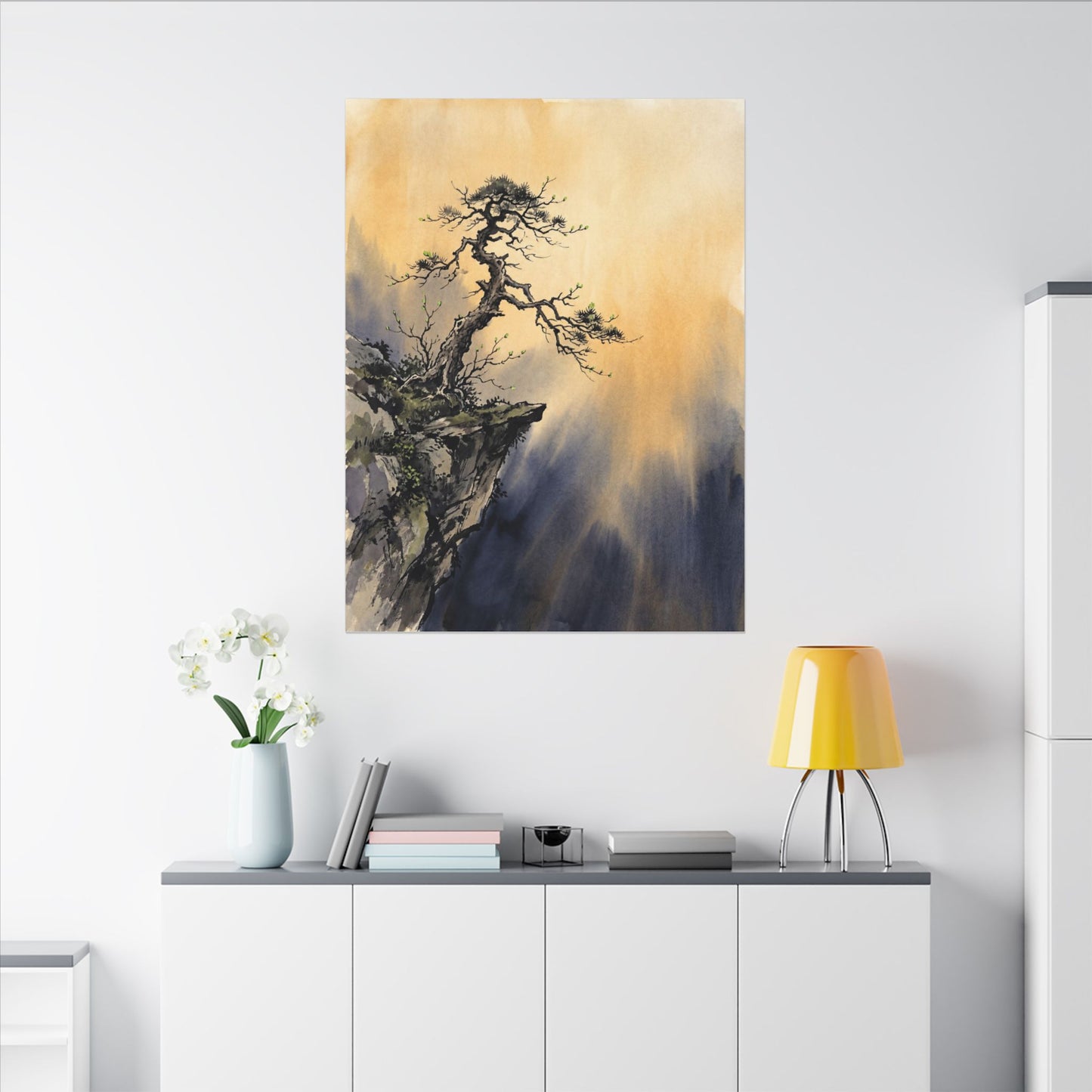 Zen Pine Tree in Golden Hour | Sumi E Canvas Art