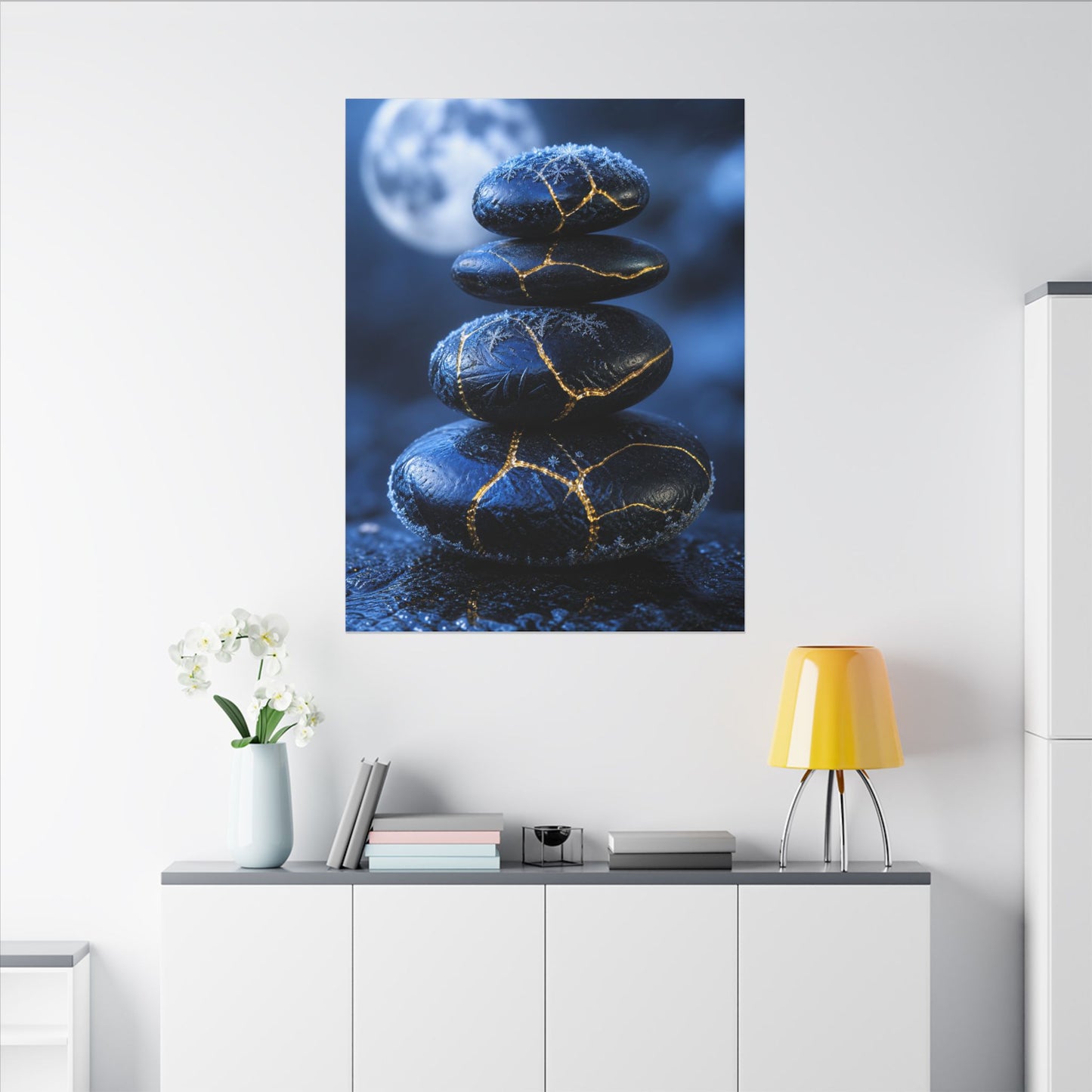River Stones Canvas Art | Winter Kintsugi Gold Repair Art