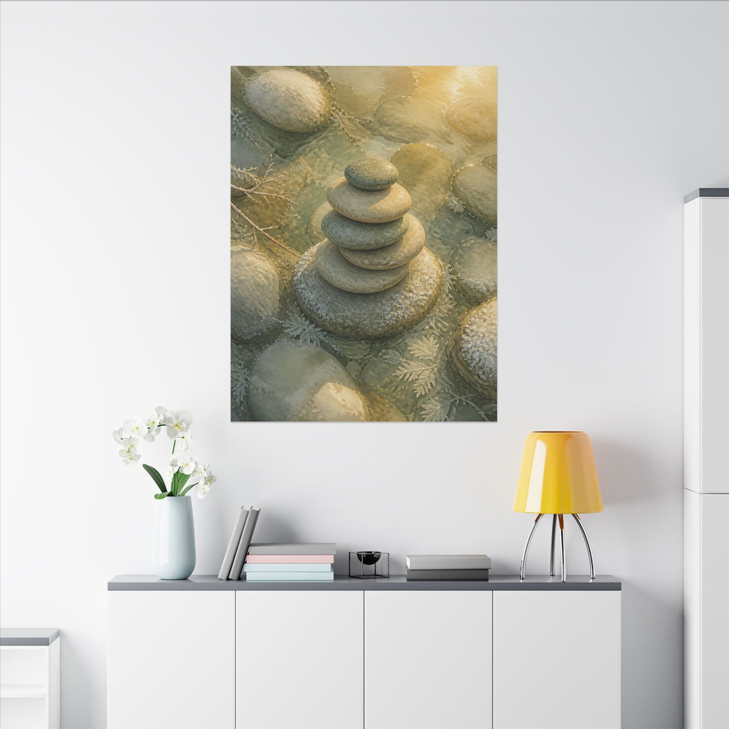 River Stones Watercolor Canvas Art | Elegant Japandi Art