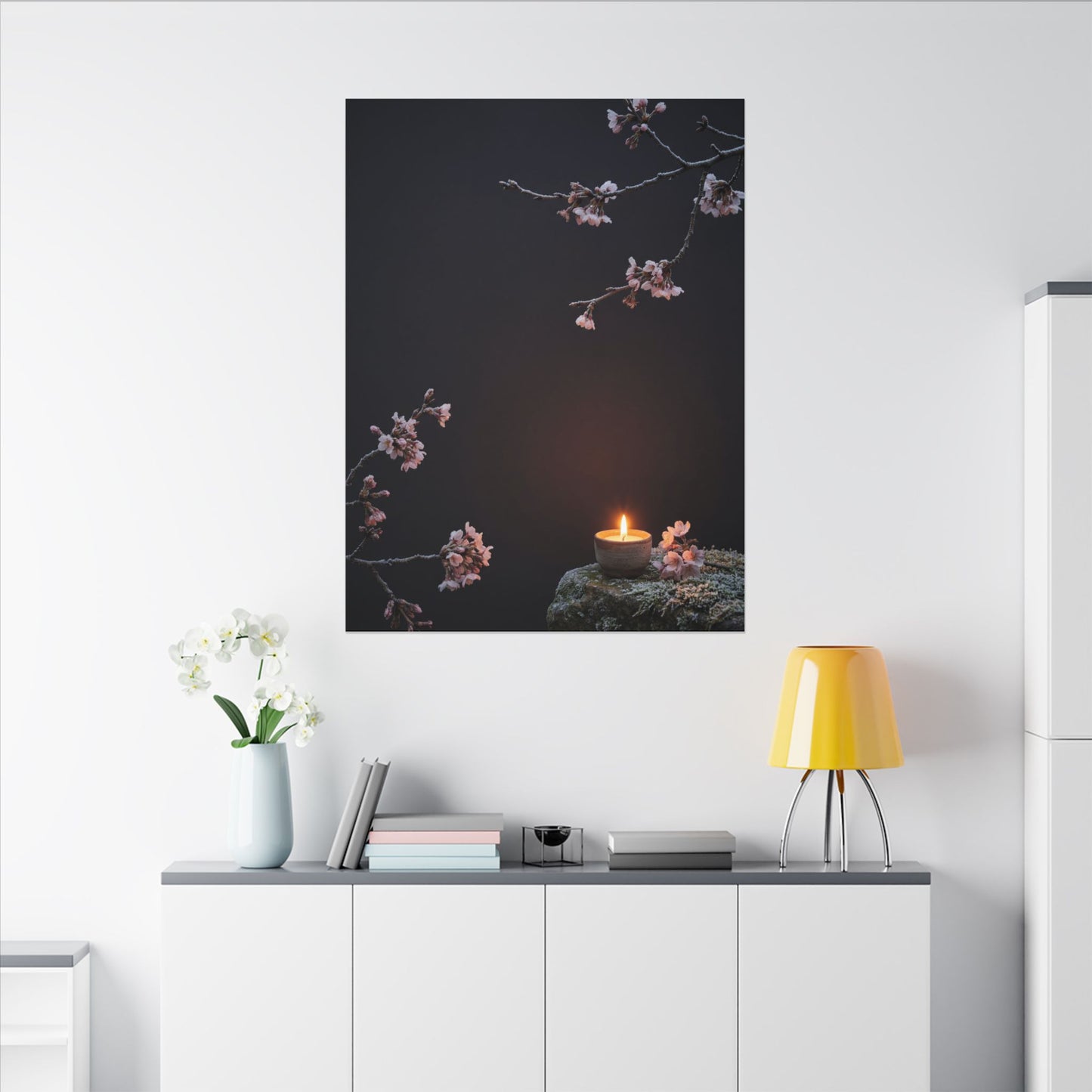 Dark Japandi Cherry Blossom in Candlelight | Moody Minimal Canvas Art