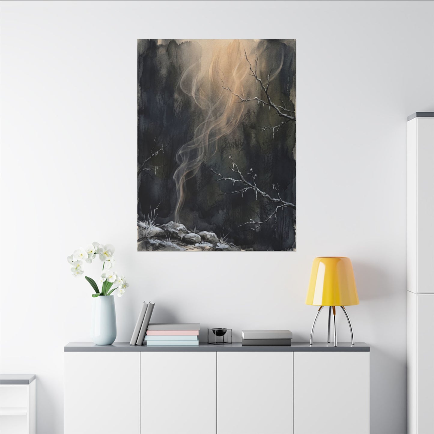 Incense Smoke Winter Canvas Art | Dark Japandi Moody Design
