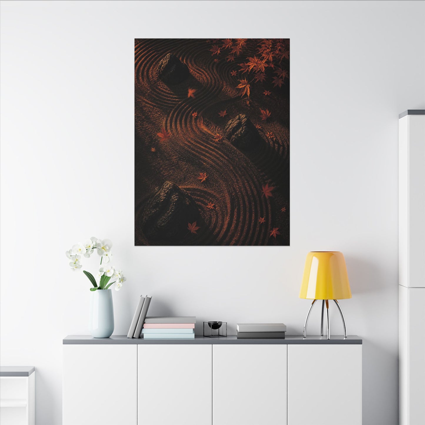 Dark Japandi Rock Garden in Golden Hour | Charcoal Ink Canvas Art