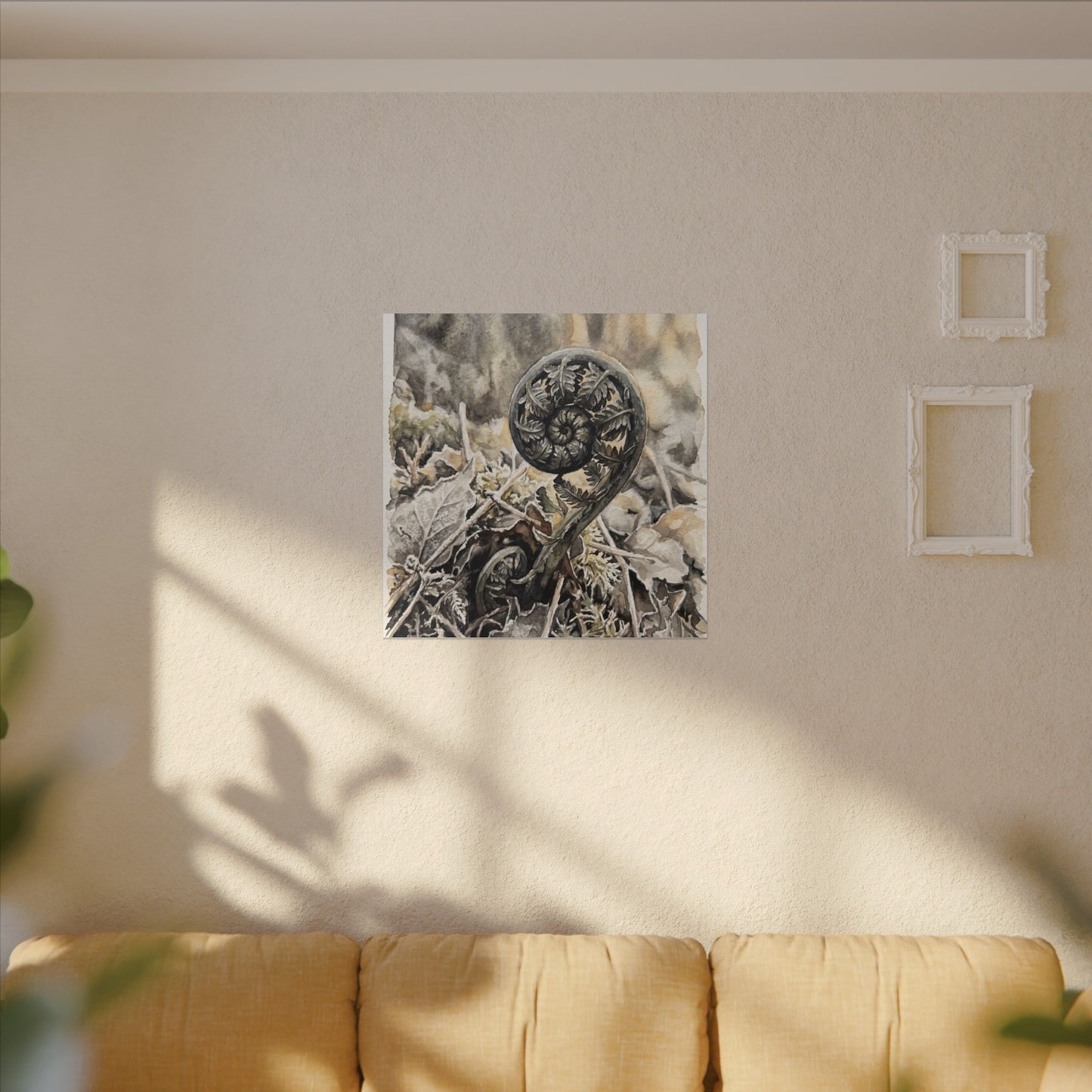 Japandi Fern Unfurling in Golden Hour | Watercolor Canvas Art