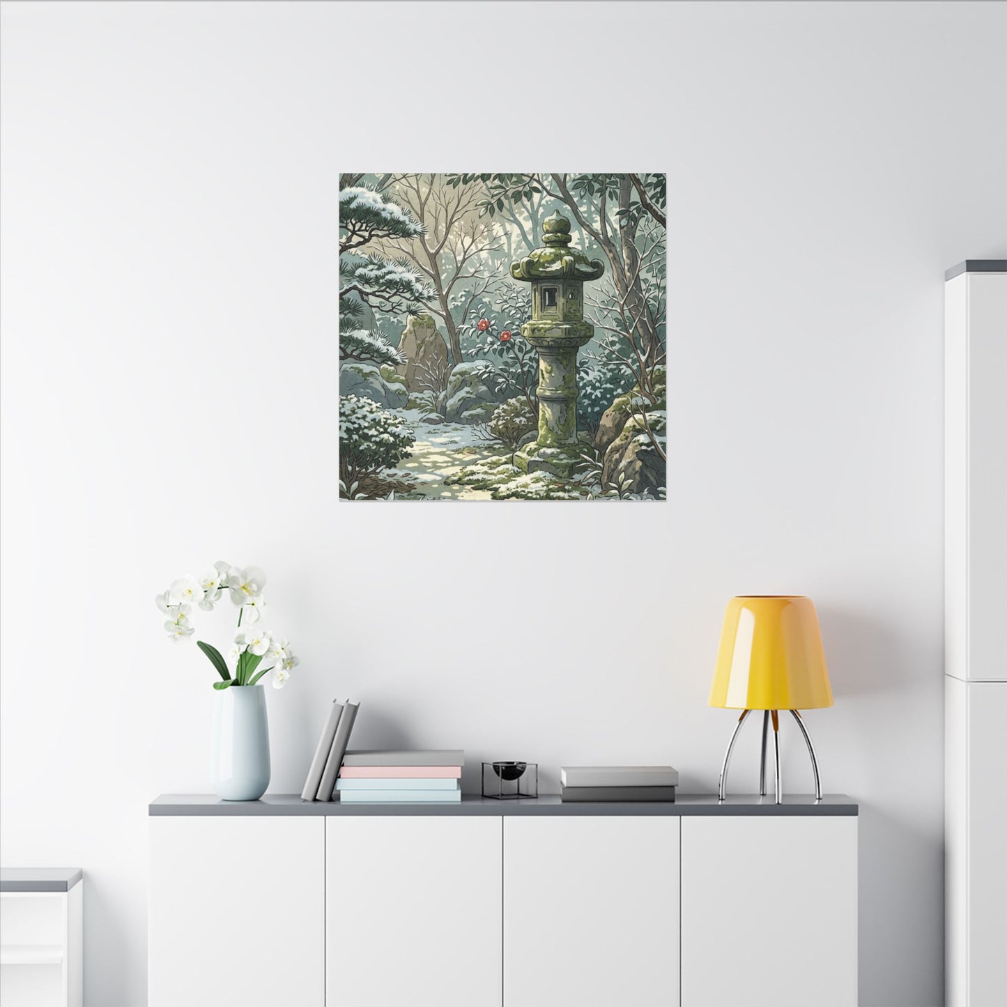 Stone Lantern Winter Canvas Art | Japandi Warm Design