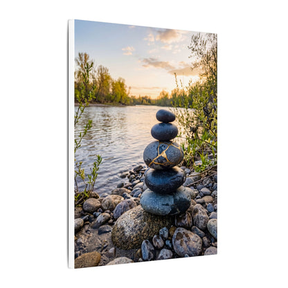 Kintsugi River Stones in Golden Hour | Gold Vein Canvas Art