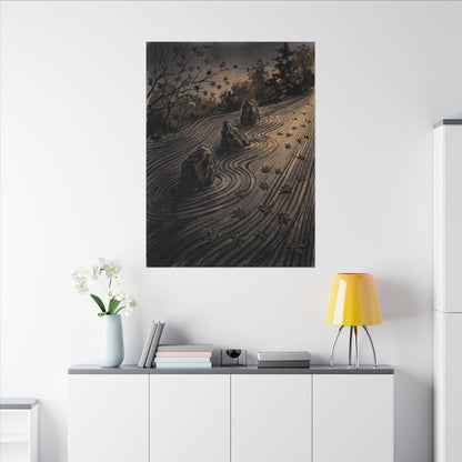 Rock Garden Canvas Art | Autumn Dark Japandi Charcoal Ink Art