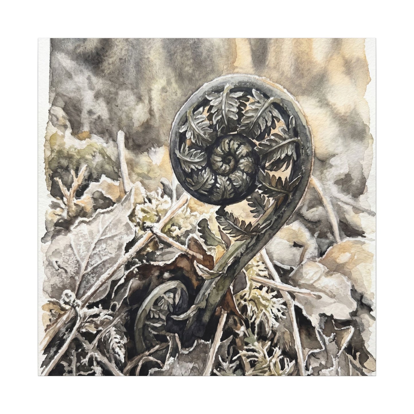 Japandi Fern Unfurling in Golden Hour | Watercolor Canvas Art