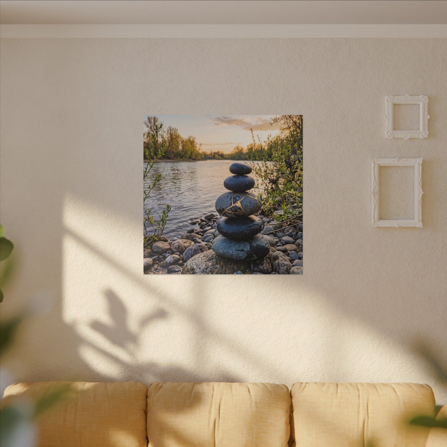 Kintsugi River Stones in Golden Hour | Gold Vein Canvas Art