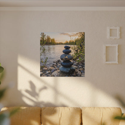 Kintsugi River Stones in Golden Hour | Gold Vein Canvas Art