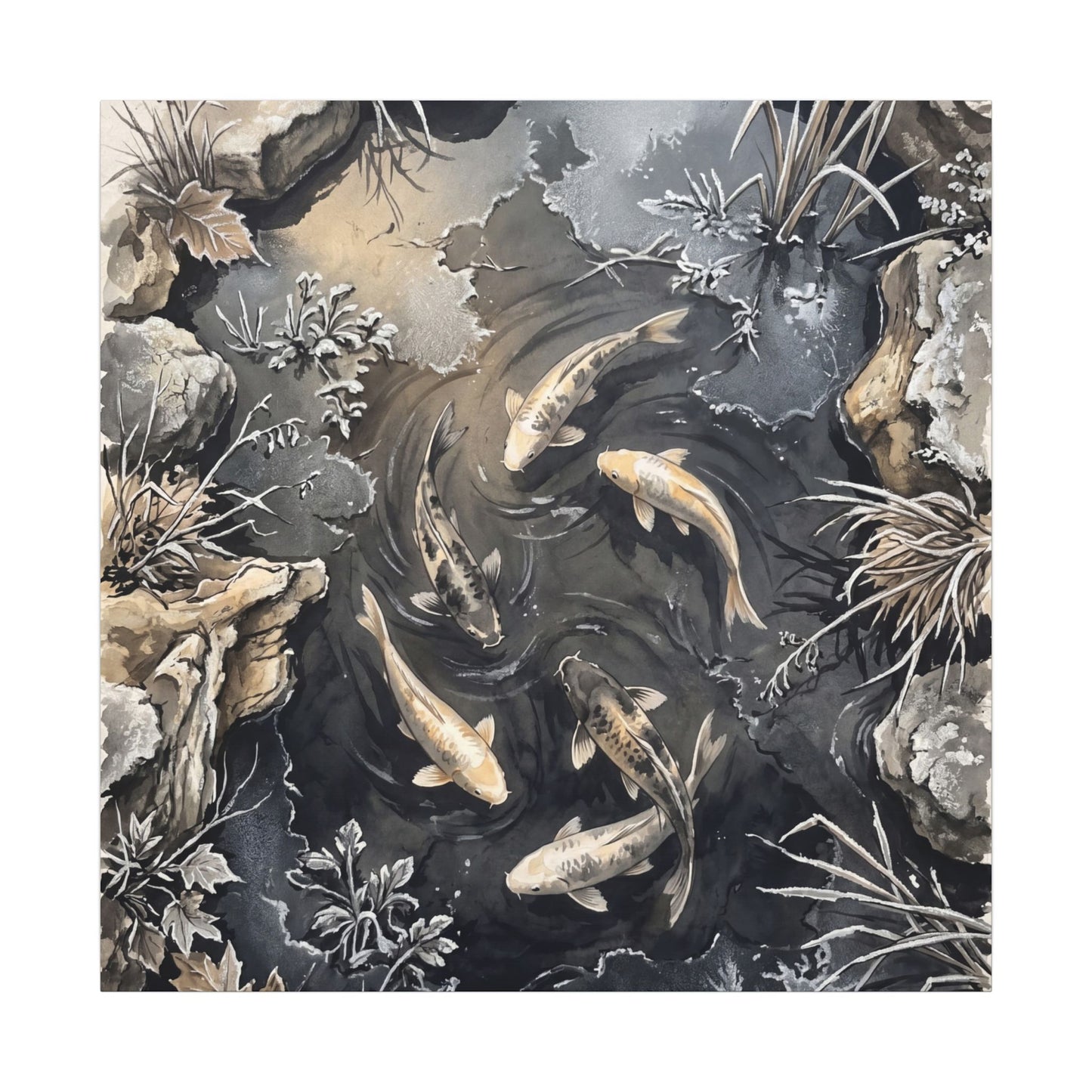 Koi Pond Canvas Art | Winter Japandi Japanese Pattern Art