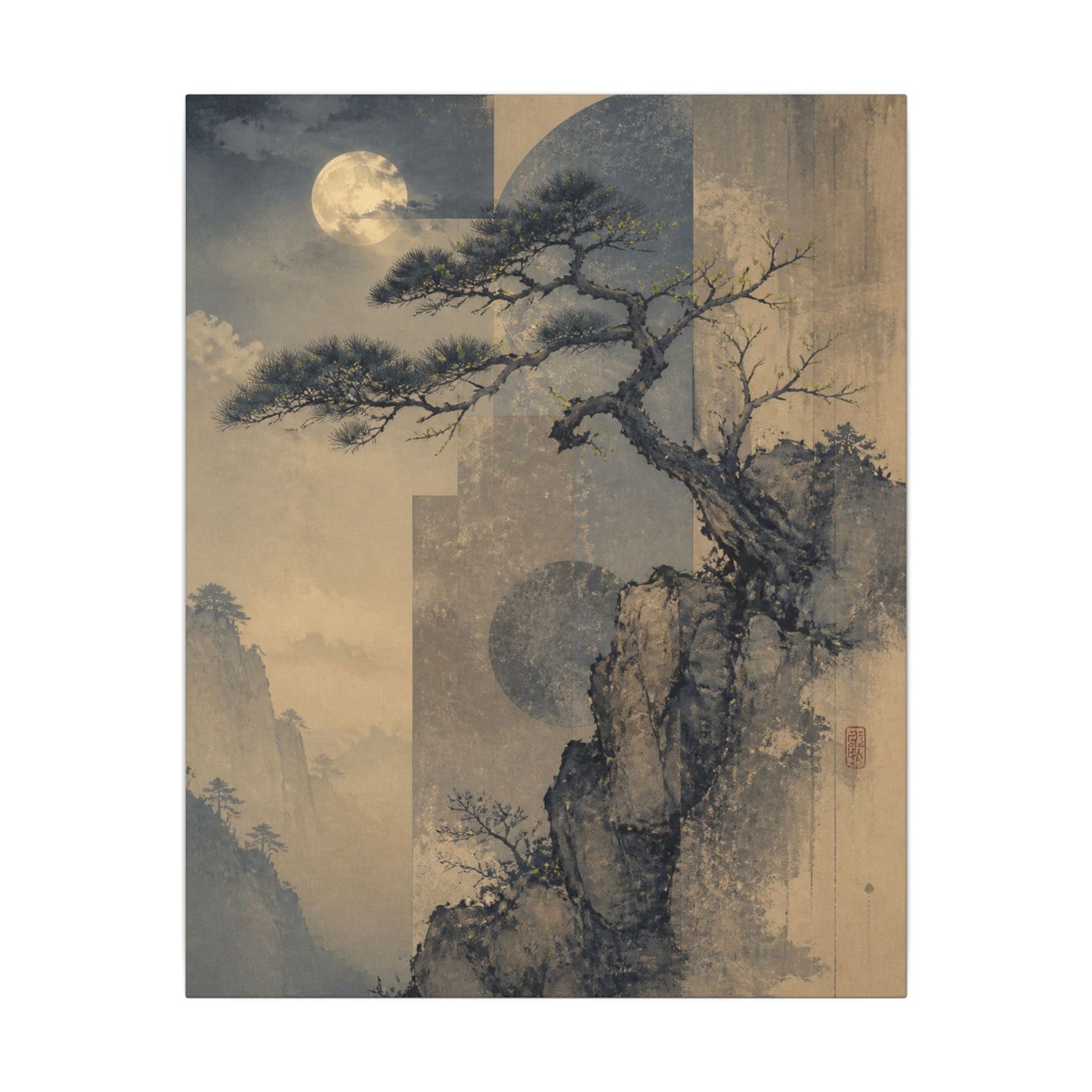 Japandi Pine Tree in Moonlight | Japanese Pattern Canvas Art