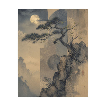 Japandi Pine Tree in Moonlight | Japanese Pattern Canvas Art